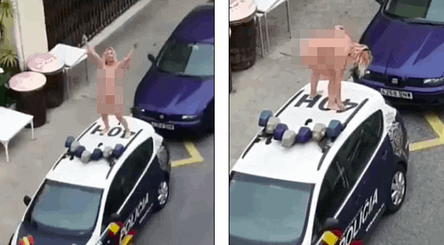 Spain: Kook-Brained Femoid Strips Naked & Jumps On Police Car